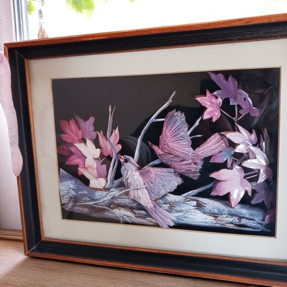 Vintage MCM Feather Art Shadow Box  3D Art Pastel Birds Artisan Handcrafted - Picture 2 of 15
